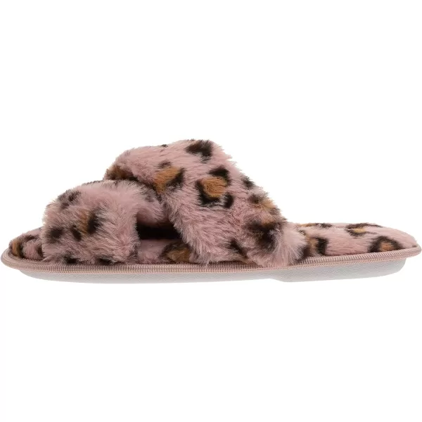 Laura Ashley Ladies Animal Leopard Plush Cross Band Slippers With Memory Foam Insole