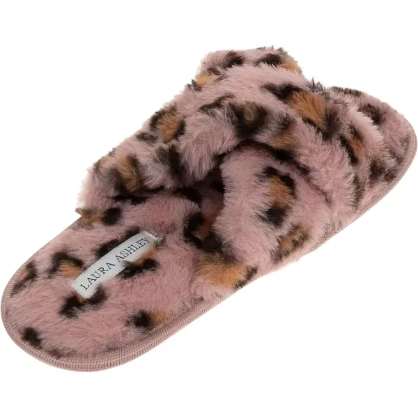 Laura Ashley Ladies Animal Leopard Plush Cross Band Slippers With Memory Foam Insole