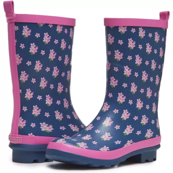 Laura Ashley Ladies High Cut Mid Calf Rubber Rain Boots, Lightweight Waterproof Booties for Women, Navy &amp; Pink Floral, 1" Heels