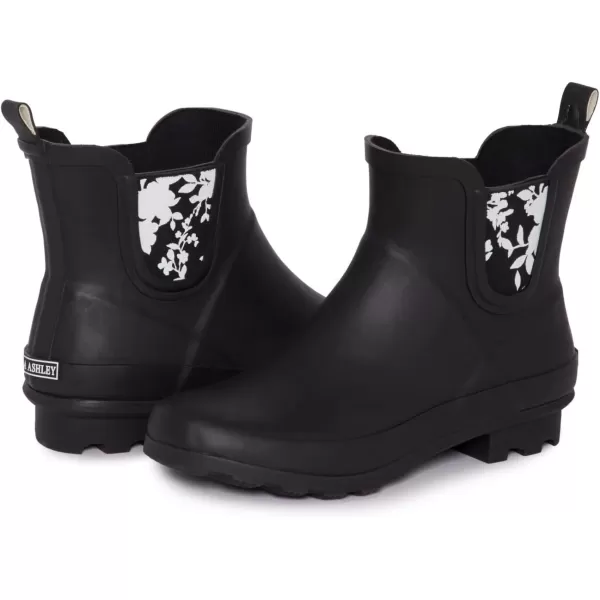 Laura Ashley Ladies Mid Cut Ankle Height Rubber Rain Boots/Umbrella Black Set, 5
