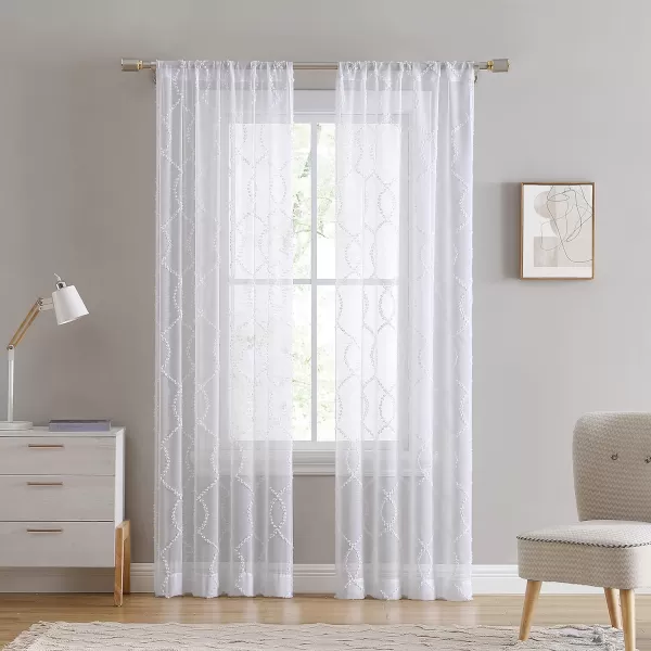 Laura Ashley Lattice Sheer Curtains with Rod Pocket, Each Panel Measures 38" W x 84" L, White, 2 Panels