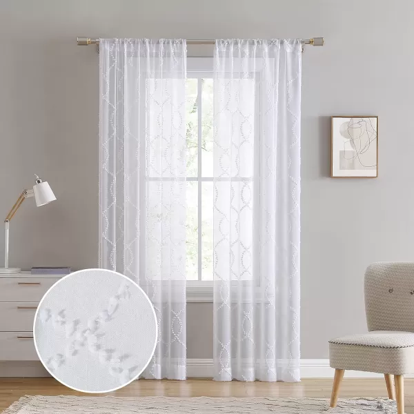 Laura Ashley Lattice Sheer Curtains with Rod Pocket, Each Panel Measures 38" W x 84" L, White, 2 Panels