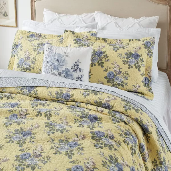 Laura Ashley Linley Collection Quilt Set-100% Cotton, Reversible, Lightweight &amp; Breathable Bedding, Pre-Washed for Added Softness, Queen, Pale Yellow