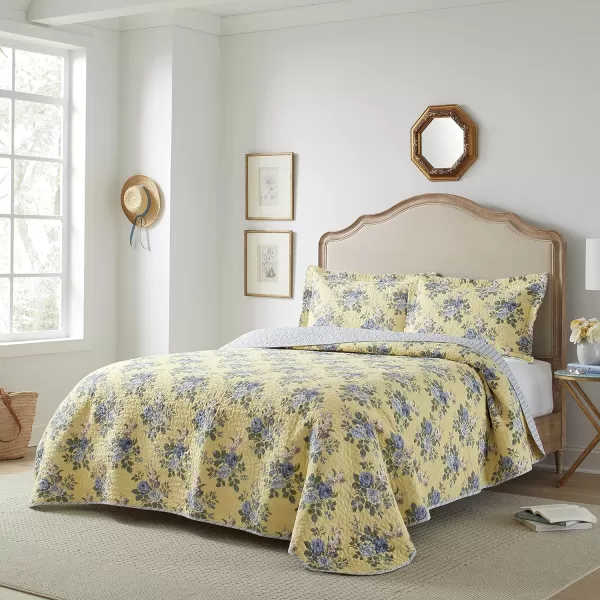 Laura Ashley Linley Collection Quilt Set-100% Cotton, Reversible, Lightweight &amp; Breathable Bedding, Pre-Washed for Added Softness, Queen, Pale Yellow