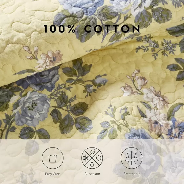 Laura Ashley Linley Collection Quilt Set-100% Cotton, Reversible, Lightweight &amp; Breathable Bedding, Pre-Washed for Added Softness, Queen, Pale Yellow