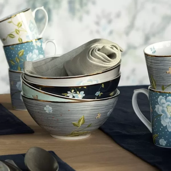 Laura Ashley Mixed Designs 6" Bowl Giftbox, Set of 4 - Porcelain Soup/Cereal Dish - Dishwasher Safe Bowls - Heritage Collectables