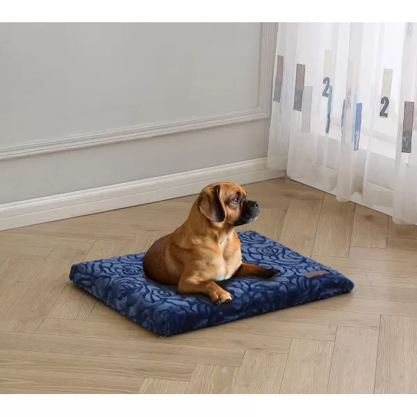 Laura Ashley Roslyn Orthopedic Dog Bed, Dog Crate Pet Mat, Comfortable, Supportive and Cozy, Washable Stylish Plush Fabric Cover, Large 35" W x 22" L, Navy