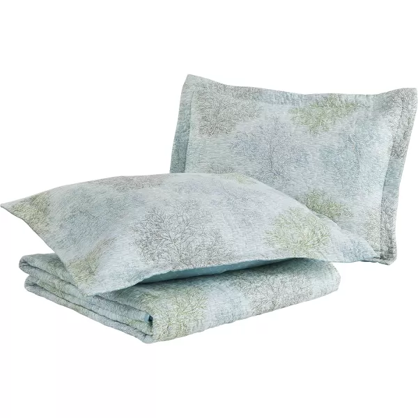 Laura Ashley Saltwater Collection Quilt Set-100% Cotton, Reversible, All Season Bedding with Matching Shams, Pre-Washed for Added Softness, Queen, Blue, 3 Count