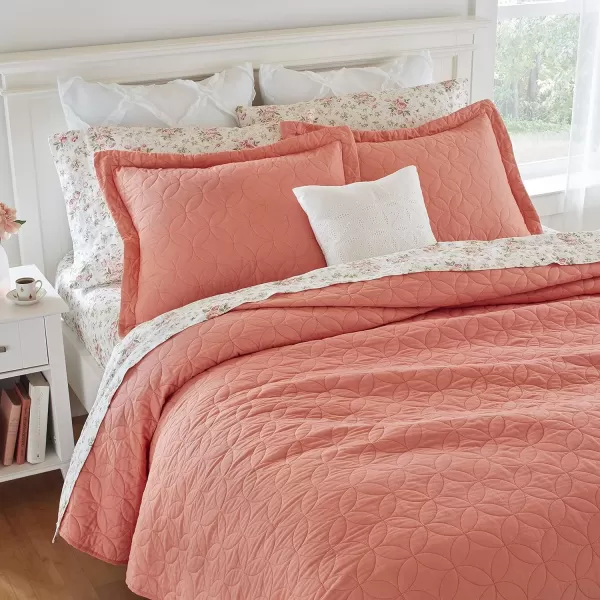 Laura Ashley Solid Collection Quilt Set-100% Cotton, Breathable, All Season Bedding with Matching Sham, Pre-Washed for Added Softness, Twin, Coral