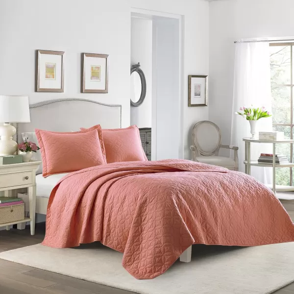 Laura Ashley Solid Collection Quilt Set-100% Cotton, Breathable, All Season Bedding with Matching Sham, Pre-Washed for Added Softness, Twin, Coral