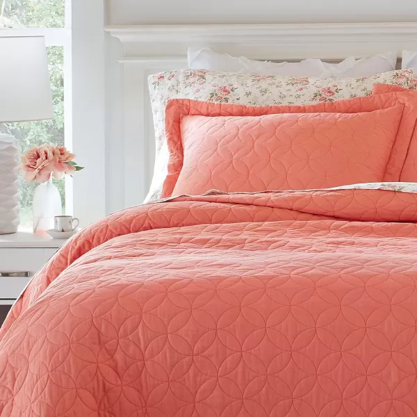 Laura Ashley Solid Collection Quilt Set-100% Cotton, Breathable, All Season Bedding with Matching Sham, Pre-Washed for Added Softness, Twin, Coral