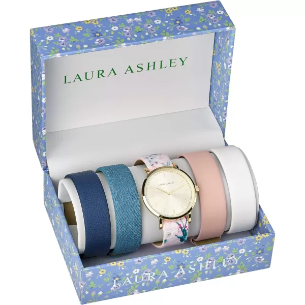 Laura Ashley Women's Mirror Dial Case Floral Strap Watch Set Interchangeable Straps 