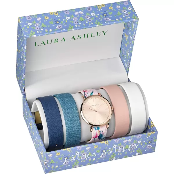 Laura Ashley Women's Mirror Dial Case Floral Strap Watch Set Interchangeable Straps 