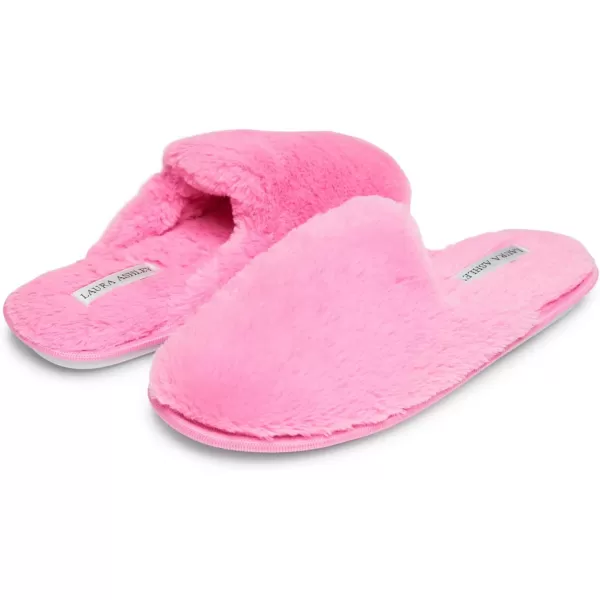 Laura Ashley Womens Plush Faux Rabbit Fur One Band Memory Foam Slide Slippers, Warm Fuzzy Fluffy Open Toe Slides