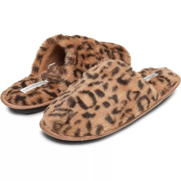 Laura Ashley Womens Plush Faux Rabbit Fur One Band Memory Foam Slide Slippers, Warm Fuzzy Fluffy Open Toe Slides