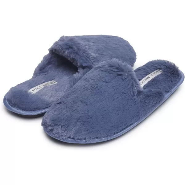 Laura Ashley Womens Plush Faux Rabbit Fur One Band Memory Foam Slide Slippers, Warm Fuzzy Fluffy Open Toe Slides