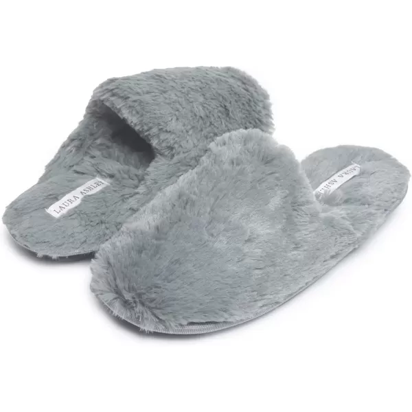 Laura Ashley Womens Plush Faux Rabbit Fur One Band Memory Foam Slide Slippers, Warm Fuzzy Fluffy Open Toe Slides