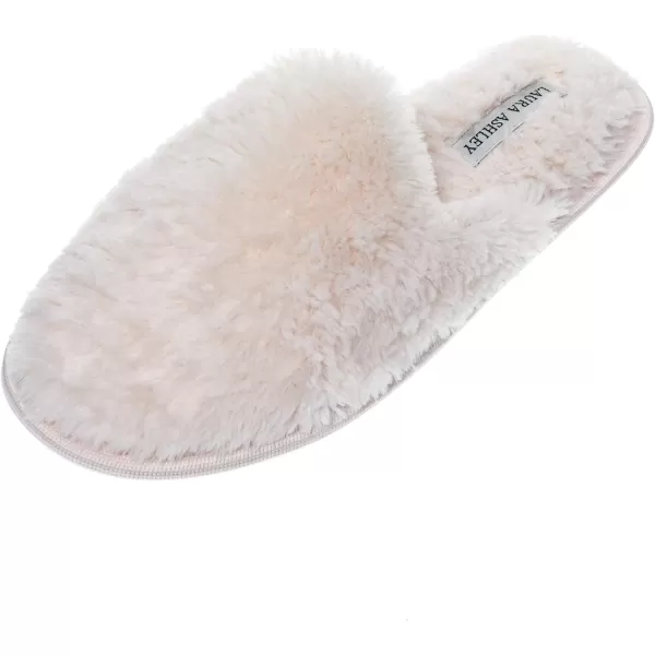 Laura Ashley Womens Plush Faux Rabbit Fur One Band Memory Foam Slide Slippers, Warm Fuzzy Fluffy Open Toe Slides