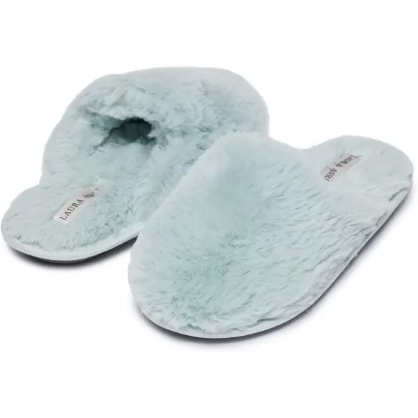 Laura Ashley Womens Plush Faux Rabbit Fur One Band Memory Foam Slide Slippers, Warm Fuzzy Fluffy Open Toe Slides