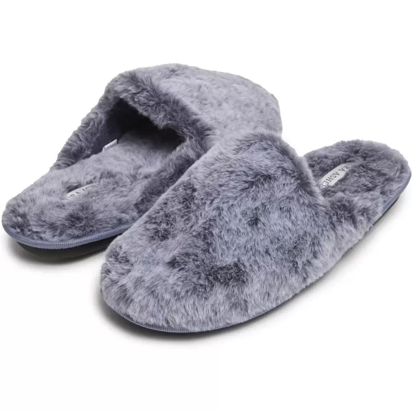 Laura Ashley Womens Plush Faux Rabbit Fur One Band Memory Foam Slide Slippers, Warm Fuzzy Fluffy Open Toe Slides