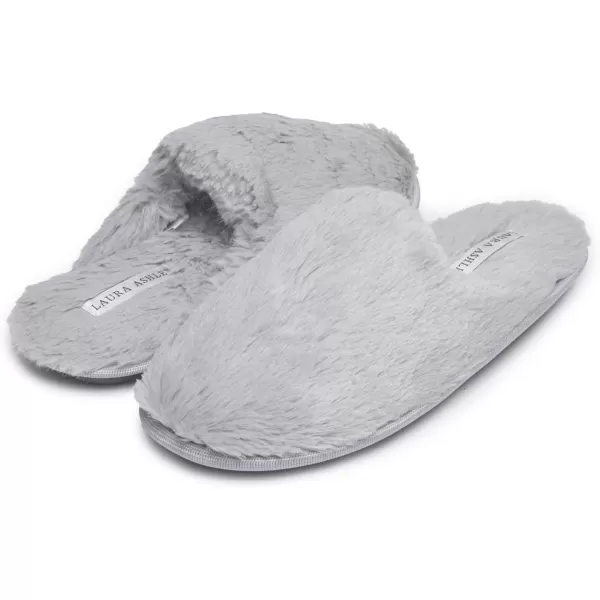 Laura Ashley Womens Plush Faux Rabbit Fur One Band Memory Foam Slide Slippers, Warm Fuzzy Fluffy Open Toe Slides