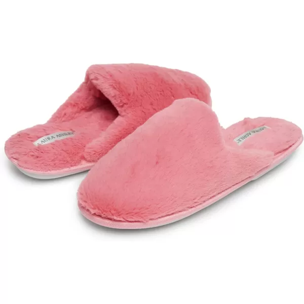 Laura Ashley Womens Plush Faux Rabbit Fur One Band Memory Foam Slide Slippers, Warm Fuzzy Fluffy Open Toe Slides