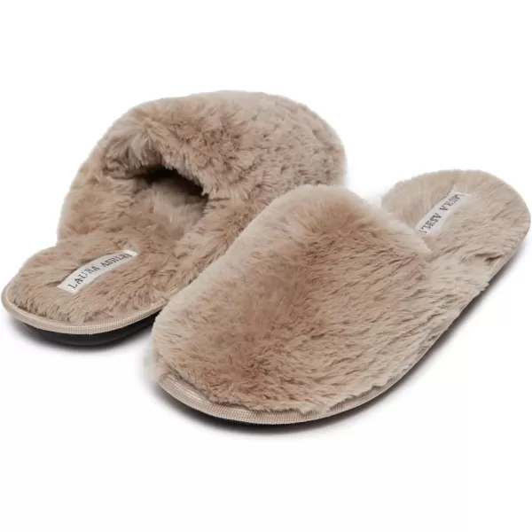 Laura Ashley Womens Plush Faux Rabbit Fur One Band Memory Foam Slide Slippers, Warm Fuzzy Fluffy Open Toe Slides