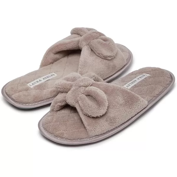 Laura Ashley Womens Plush Terry Open Toe Memory Foam Spa Slippers, Rubber Sole Bow Band Home Slides Slipper for Ladies