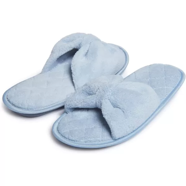 Laura Ashley Womens Plush Terry Open Toe Memory Foam Spa Slippers, Rubber Sole Bow Band Home Slides Slipper for Ladies