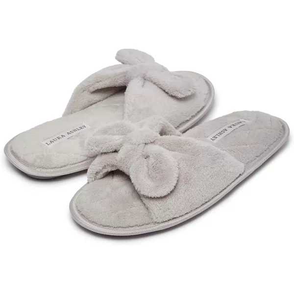 Laura Ashley Womens Plush Terry Open Toe Memory Foam Spa Slippers, Rubber Sole Bow Band Home Slides Slipper for Ladies