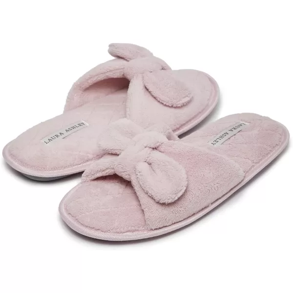 Laura Ashley Womens Plush Terry Open Toe Memory Foam Spa Slippers, Rubber Sole Bow Band Home Slides Slipper for Ladies