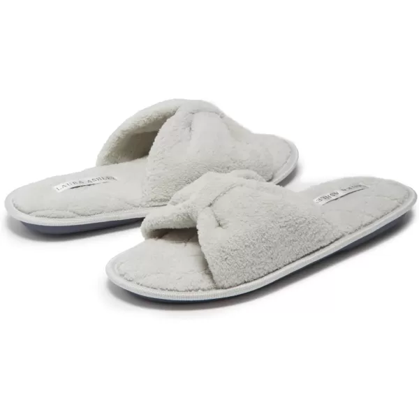 Laura Ashley Womens Plush Terry Open Toe Memory Foam Spa Slippers, Rubber Sole Bow Band Home Slides Slipper for Ladies