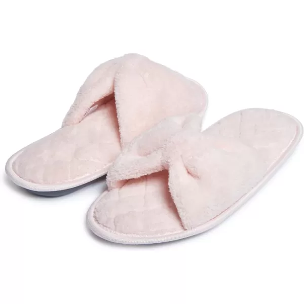 Laura Ashley Womens Plush Terry Open Toe Memory Foam Spa Slippers, Rubber Sole Bow Band Home Slides Slipper for Ladies