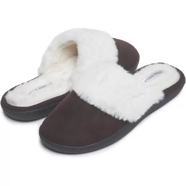 Laura Ashley Womens Rugged Micro Suede Memory Foam Fluffy Slippers with Wide Faux Fur Collar, Slide On Indoor Outdoor House Shoes