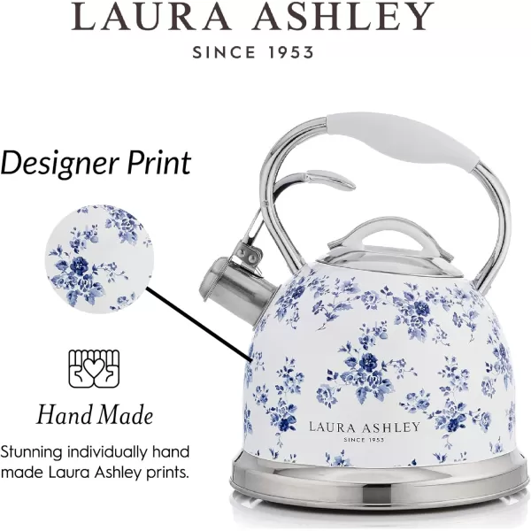 VQ Laura Ashley Elveden Navy 3L Stainless Steel Tea Kettle Stovetop Whistling Teapot for Induction, Gas Hob or others. Silicon Coated Cool Handle &amp; Push Button Mechanism Vintage Stove Top Kettle