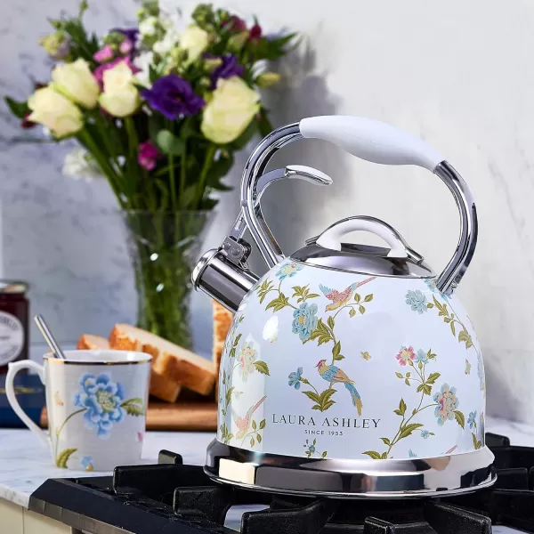 VQ Laura Ashley Elveden Navy 3L Stainless Steel Tea Kettle Stovetop Whistling Teapot for Induction, Gas Hob or others. Silicon Coated Cool Handle &amp; Push Button Mechanism Vintage Stove Top Kettle