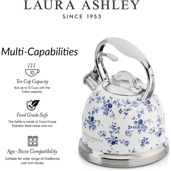 VQ Laura Ashley Elveden Navy 3L Stainless Steel Tea Kettle Stovetop Whistling Teapot for Induction, Gas Hob or others. Silicon Coated Cool Handle &amp; Push Button Mechanism Vintage Stove Top Kettle