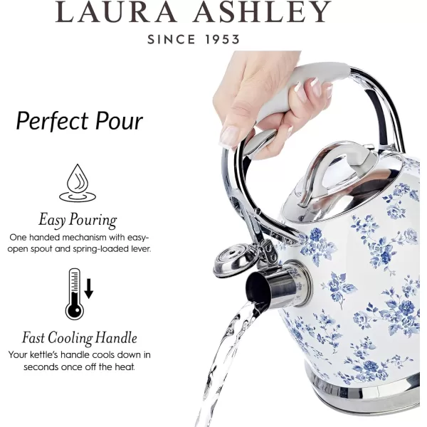 VQ Laura Ashley Elveden Navy 3L Stainless Steel Tea Kettle Stovetop Whistling Teapot for Induction, Gas Hob or others. Silicon Coated Cool Handle &amp; Push Button Mechanism Vintage Stove Top Kettle