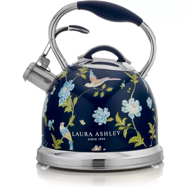 VQ Laura Ashley Elveden Navy 3L Stainless Steel Tea Kettle Stovetop Whistling Teapot for Induction, Gas Hob or others. Silicon Coated Cool Handle &amp; Push Button Mechanism Vintage Stove Top Kettle