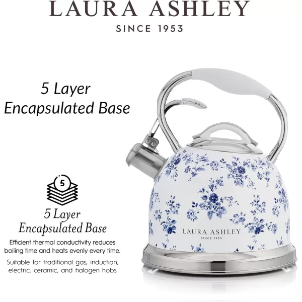 VQ Laura Ashley Elveden Navy 3L Stainless Steel Tea Kettle Stovetop Whistling Teapot for Induction, Gas Hob or others. Silicon Coated Cool Handle &amp; Push Button Mechanism Vintage Stove Top Kettle