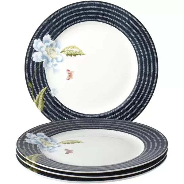 Laura Ashley 10" Candy Stripe Dinner Plate Set in Giftbox - Porcelain Dining Plates - Microwave Safe Ceramic Dinnerware - Blueprint Collectable, White