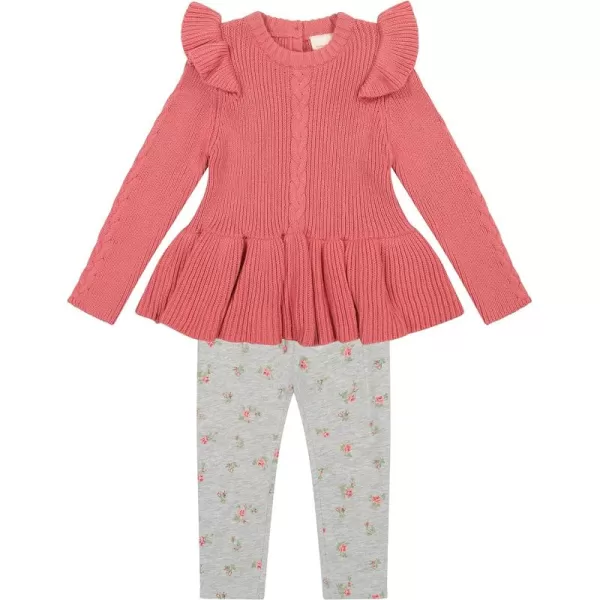 Laura Ashley 2 Pack Baby/Toddler Girl Legging &amp; Knitted Long Sleeve Peplum Tunic Top, Cotton Knit &amp; Floral Fall Outfit,NB-4T