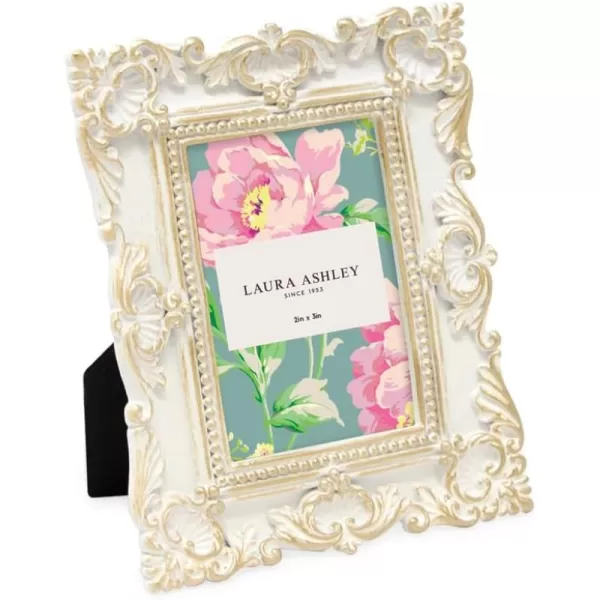 Laura Ashley 4x4 White Ornate Textured Hand-Crafted Resin Picture Frame with Easel &amp; Hook for Tabletop &amp; Wall Display, Decorative Floral Design Home Décor, Photo Gallery, Art, More 