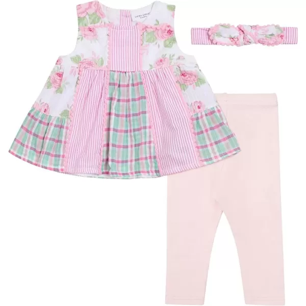 Laura Ashley Baby Girl's 3-Pack Sleeveless Patchwork Tunic Dress Top, Legging Pant and Bow Headband Set