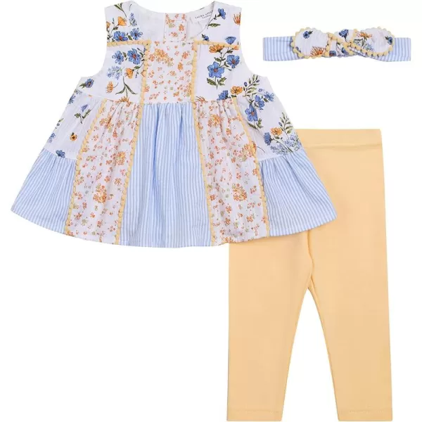 Laura Ashley Baby Girl's 3-Pack Sleeveless Patchwork Tunic Dress Top, Legging Pant and Bow Headband Set