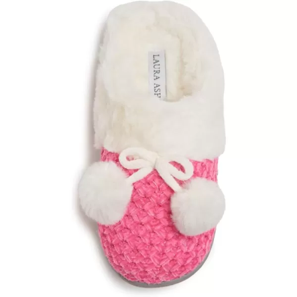 Laura Ashley Girl's Box/Close/Diamond Stitch Knit Clog Slippers with Pom Poms