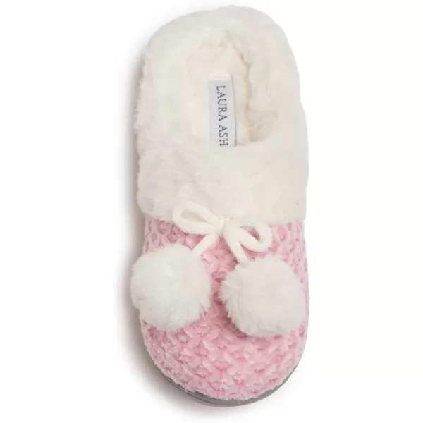 Laura Ashley Girl's Box/Close/Diamond Stitch Knit Clog Slippers with Pom Poms