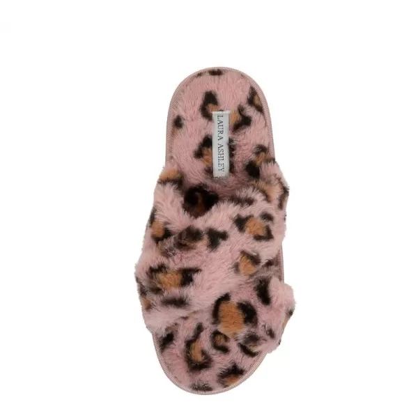 Laura Ashley Ladies Animal Leopard Plush Cross Band Slippers With Memory Foam Insole