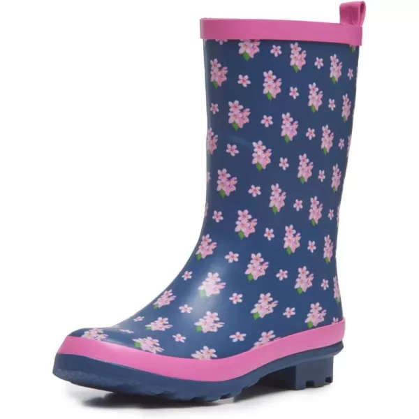 Laura Ashley Ladies High Cut Mid Calf Rubber Rain Boots, Lightweight Waterproof Booties for Women, Navy &amp; Pink Floral, 1" Heels