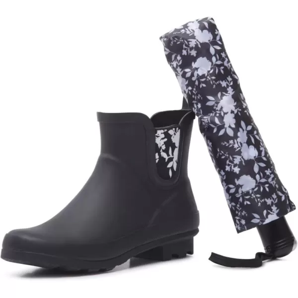 Laura Ashley Ladies Mid Cut Ankle Height Rubber Rain Boots/Umbrella Black Set, 5